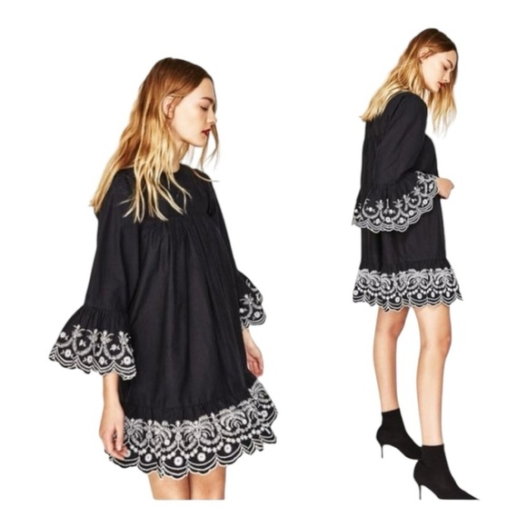 Zara Black Loose-Fit Floral Embroidered Bell Sleeve Tie-Back Dress. Size XS. - Picture 10 of 10